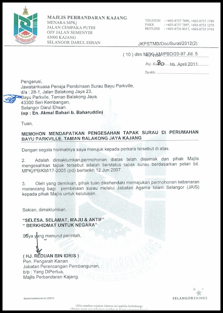 Surat Pengesahan Tapak Surau Dari MPKj ~ Surau @ Bayu 