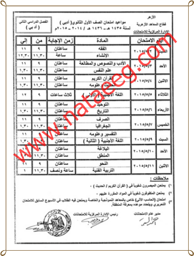 شاهد جدول ومواعيد امتحانات الثانويه الازهريه 2015 أخر العام "الترم الثانى"