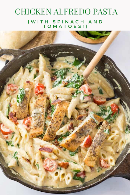 Chicken Alfredo Pasta (with Spinach and Tomatoes!)