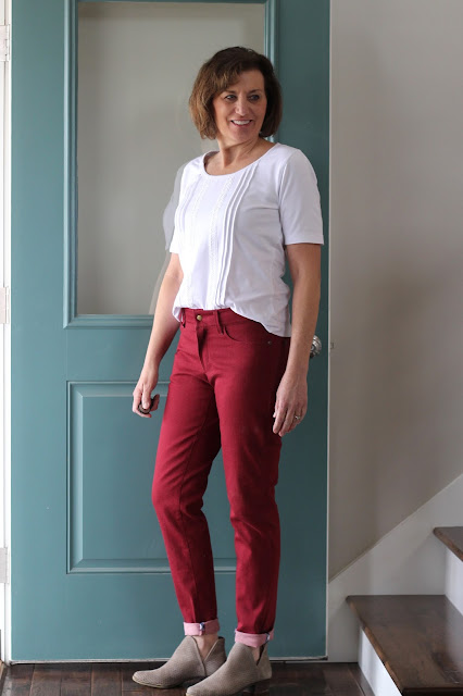 Style Maker Fabrics' stretch denim for the Ginger jeans and white knit for a pintuck and lace trimmed Union St. Tee