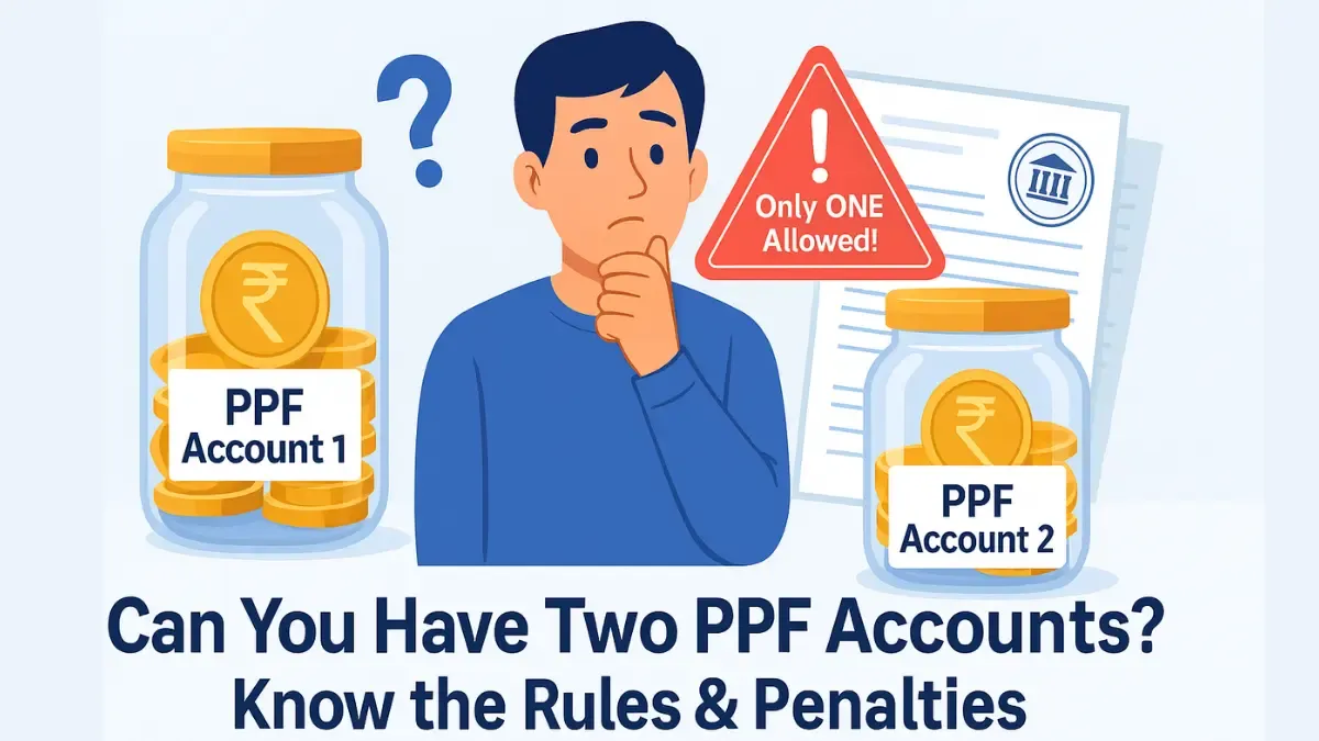 Illustration of a confused man choosing between two PPF accounts labeled 'PPF Account 1' and 'PPF Account 2', with Indian Rupee coins, a red warning sign saying 'Only ONE Allowed!', and financial documents in the background.