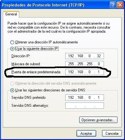 Configuración de la puerta de enlace predeterminada