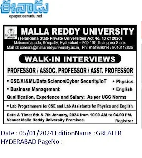 Hyderabad, Malla Reddy University Professor, Assistant Professor, Associate Professor Jobs Recruitment 2024 – Walk in Interview