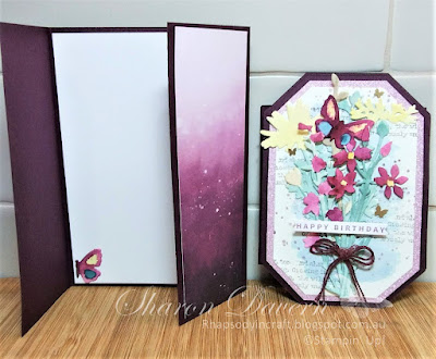 Rhapsody in craft, #rhapsodyincraft, #colourcreationsbloghop, Blackberry Bliss, Birthday Card, Fancy Fold, Slide and Lock Fancy Fold, Water Colour, Quiet Meadow, Quiet Meadow Dies, Something Fancy, Countryside Corner Dies, Stargazer DSP, Shimmer Paper, #loveitchopit, Stampin' Up!, Art With Heart,
