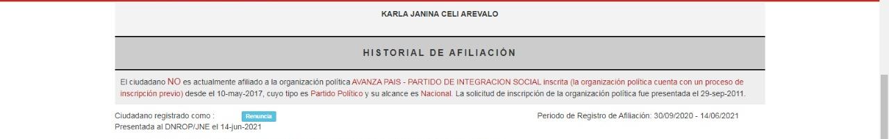 Captura del ROP sobre situación de Karla Celi