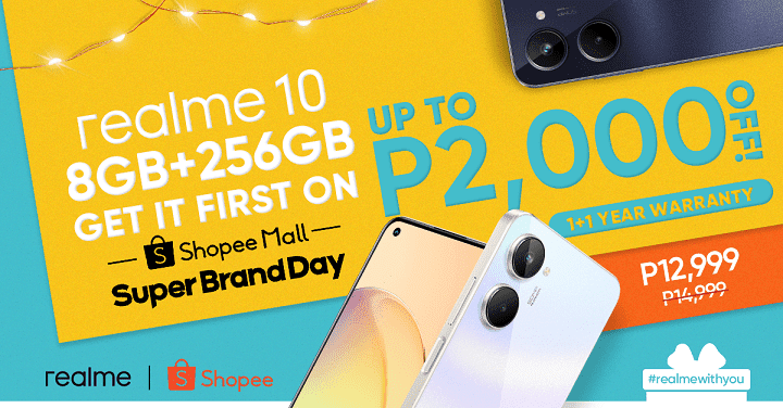 Catch the first-selling of realme 10 (8GB+256GB) at P2000 OFF at Shopee Super Brand Day!