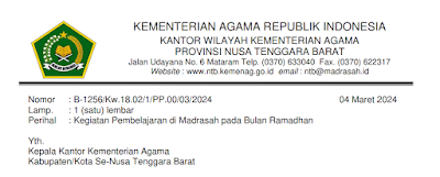 Edaran Kemenag NTB Tentang Kegiatan Pembelajaran di Madrasah Selama Bulan Ramadhan 1445 H Untuk Madrasah di Wilayah NTB