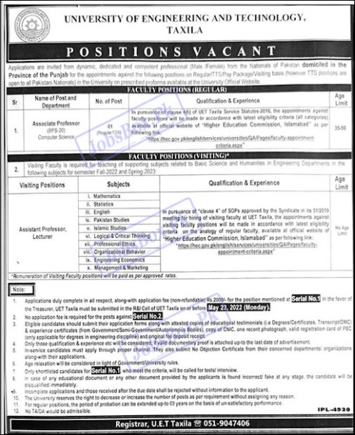 Latest Jobs Opportunities University of Engineering & Technology UET Taxila-May-2022