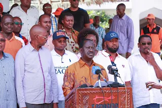 Raila Odinga in a press briefing in Mombasa following government loot. PHOTO | Courtesy