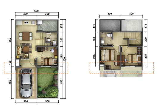 Denah rumah minimalis ukuran 6x11 meter 3 kamar tidur 2 lantai