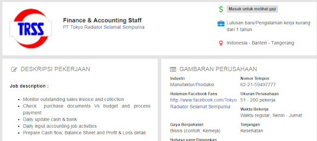 DIbutuhkan Lowongan kerja Hari ini 19 Oktober 2016 sebagai Staff Finance & Accounting di PT Tokyo Radiator Tangerang banten