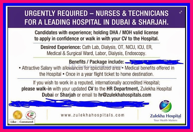 Urgently required Nurses & Technicians in Dubai & Sharjah