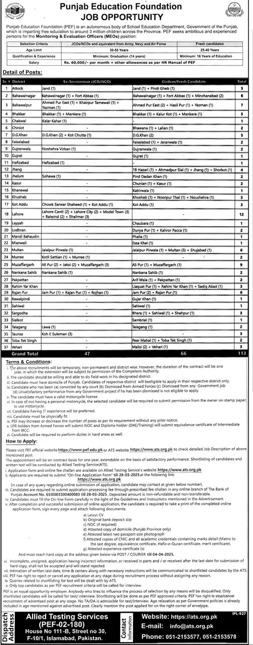 PEF Jobs 2025 Online Apply Latest Advertisement