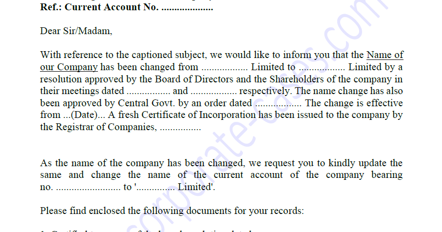Request Letter For Change Of Company Name In Bank Account
