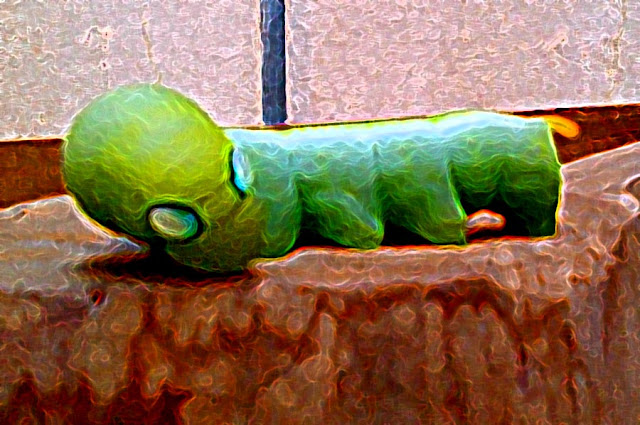 painting of long green fat caterpillar
