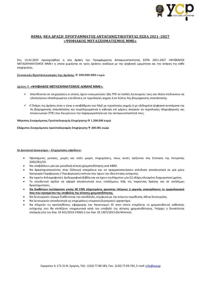 ΔΡΑΣΗ 3 ΝΕΟ ΠΡΟΓΡΑΜΜΑ ΕΣΠΑ ΨΗΦΙΑΚΟΣ ΜΕΤΑΣΧΗΜΑΤΙΣΜΟΣ ΑΙΧΜΗΣ ΜμΕ