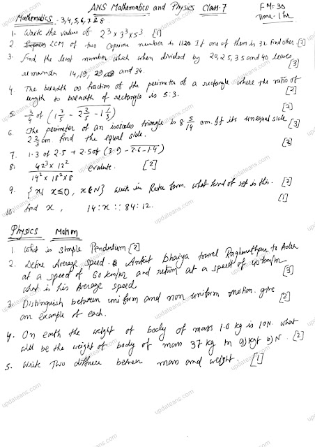 Class 7 Test Math ch 3 to 8 and Physics Ch 2 Motion FM 30