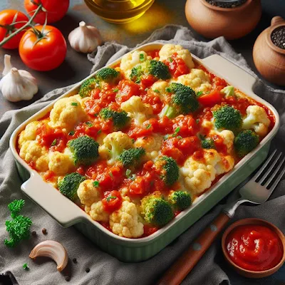 Auf dem Bild ist eine Auflaufform zu sehen. Sie ist gefüllt mit Blumenkohl- und Brokkoliröschen, die mit einer Tomatensauce und Käse bedeckt sind.