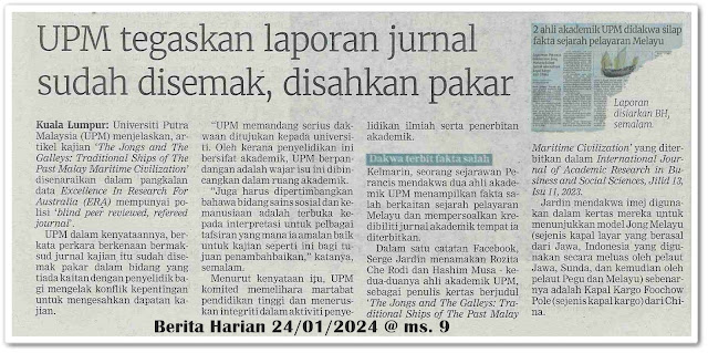 UPM tegaskan laporan jurnal sudah disemak, disahkan pakar | Keratan akhbar Berita Harian 24 Januari 2024