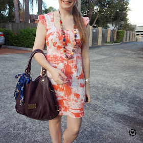 awayfromblue instagram | orange printed french connection sheath dress colourful statement necklace marc jacobs fran bag