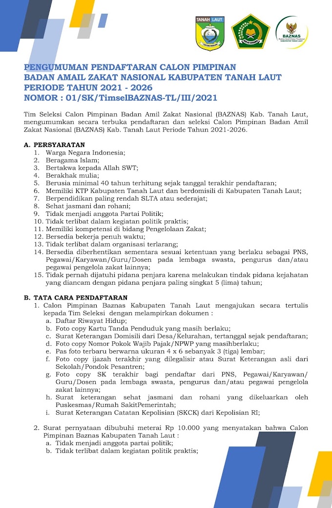 PENGUMUMAN PENDAFTARAN CALON PIMPINAN BAZNAS PERIODE TAHUN 2021-2026