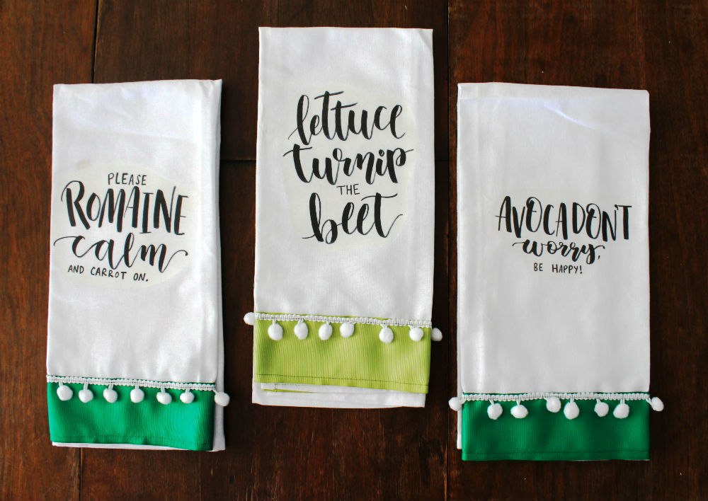 Grab a free printable, some May Arts ribbon and learn how to make these veggie pun kitchen towels with this DIY by @punkprojects