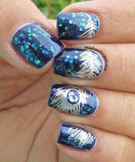 peacock feather on glitter nails