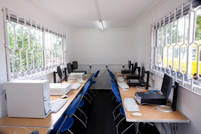 Donated computers inside a classroom-in-a-container thanks to Computers 4 Africa