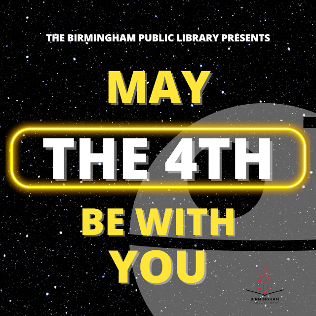 May The 4th Be With You in bright yellow colors against a starry background
