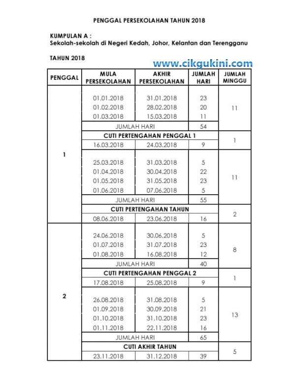 Takwim Persekolahan Malaysia 2018 [ LATEST ] ~ Cikgu Kini