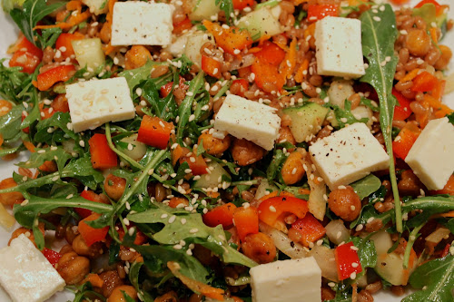 "Hummus" salad - roasted chickpeas, arugula, red pepper, feta, sesame, lemon dressing