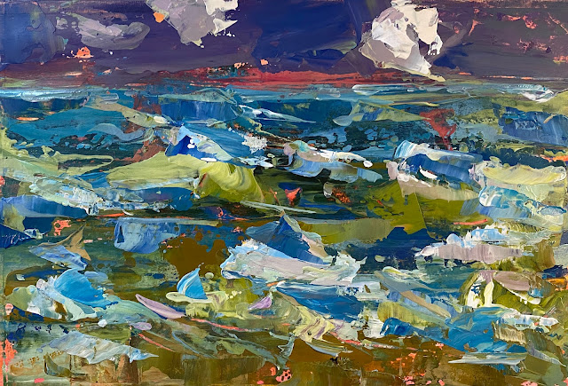 Painting of the wind on the ocean, waves and currents, colors of the sea, sky and sand by Karri Allrich