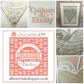 A two part tutorial on typography papercuts.  First one is a guide to various methods and the second is a step by step tutorial to make bunting style papercuts.  Tutorials by Nadine uir for SIlhouette UK Blog