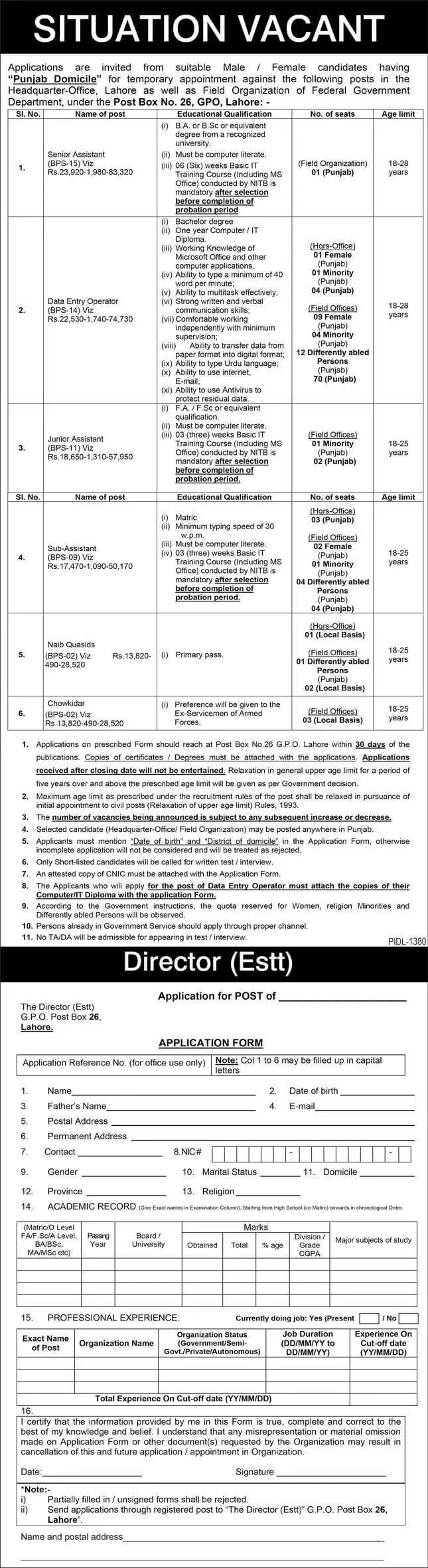 Federal Government Department Jobs 2022 in Lahore 2022-2023