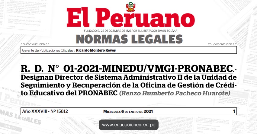 R. D. N° 01-2021-MINEDU/VMGI-PRONABEC.- Designan Director de Sistema Administrativo II de la Unidad de Seguimiento y Recuperación de la Oficina de Gestión de Crédito Educativo del PRONABEC (Renzo Humberto Pacheco Huarote)