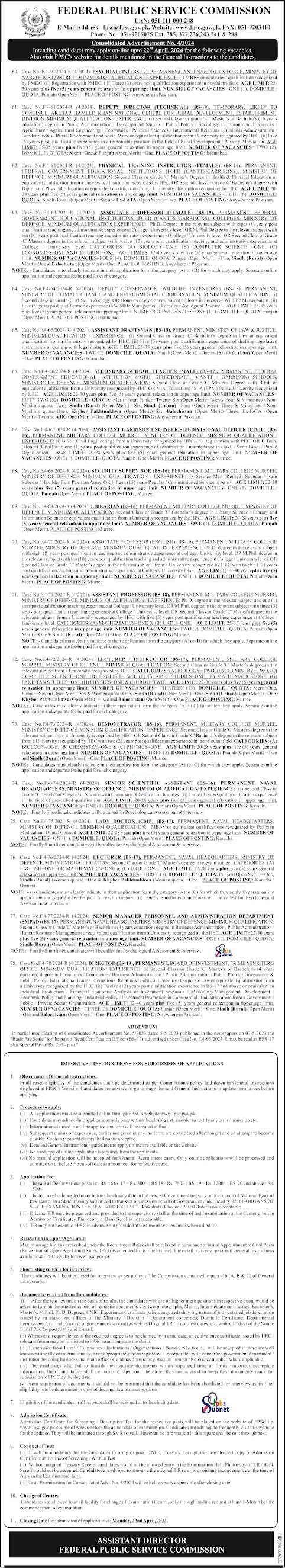 Lecturer Jobs At Federal Public Service Commission Any where in Pakistan