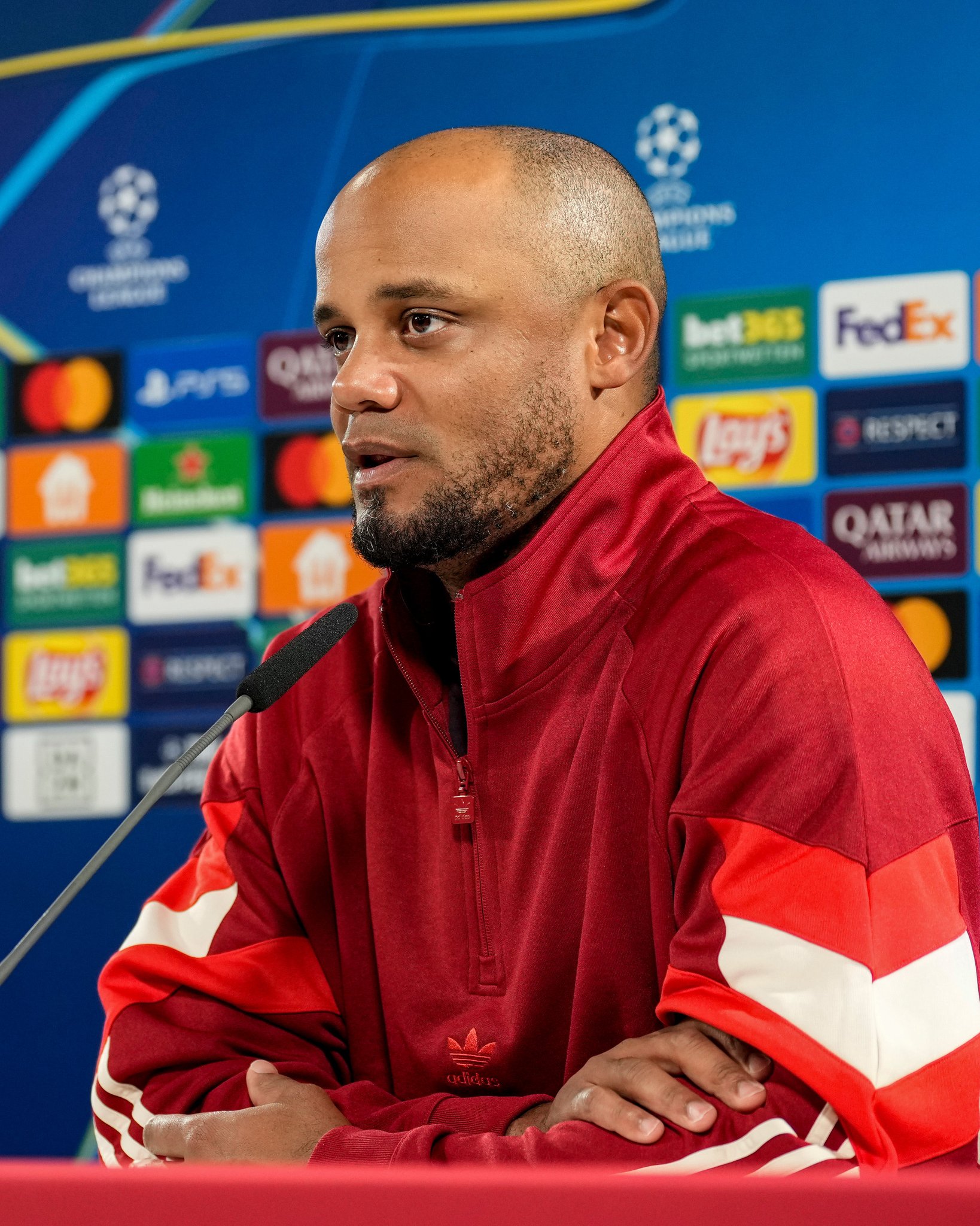 Bayern Munich manager, Vincent Kompany, at his press conference ahead of the Uefa Champions League 2024/25 League Phase match against Benfica at Allianz Arena on Wednesday 6 November, 2024