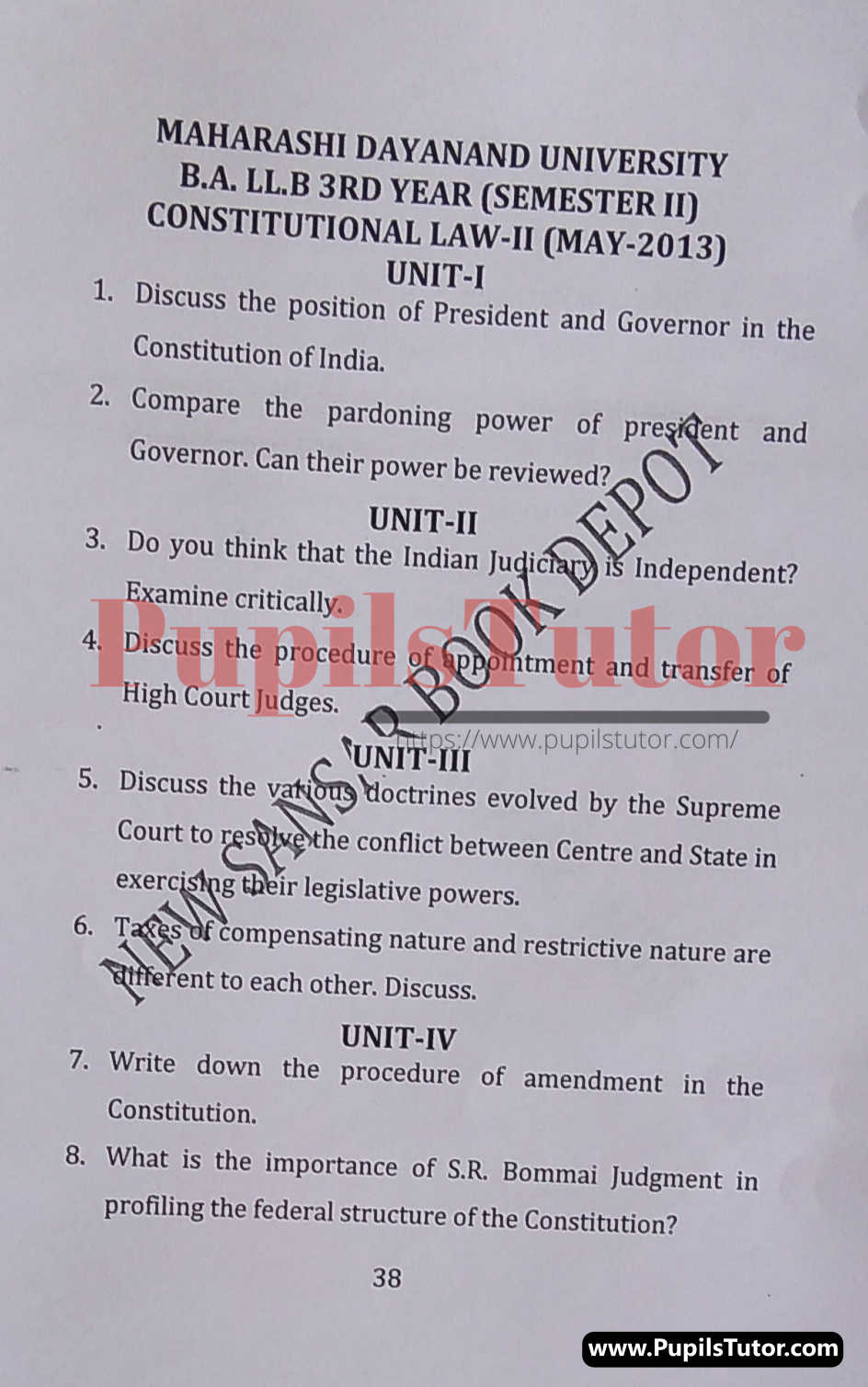 MDU (Maharshi Dayanand University, Rohtak Haryana) LLB Regular Exam (Hons.) Second Semester Previous Year Constitutional Law - II Question Paper For May, 2013 Exam (Question Paper Page 1) - pupilstutor.com