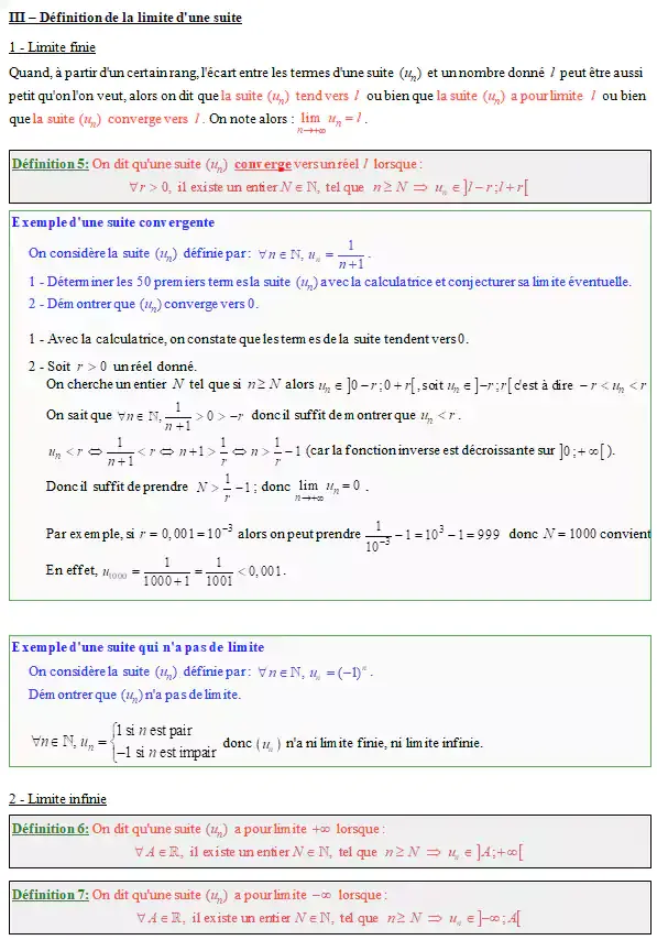 Analyse Cours de terminale S:   le chapitre 1 Suites numériques