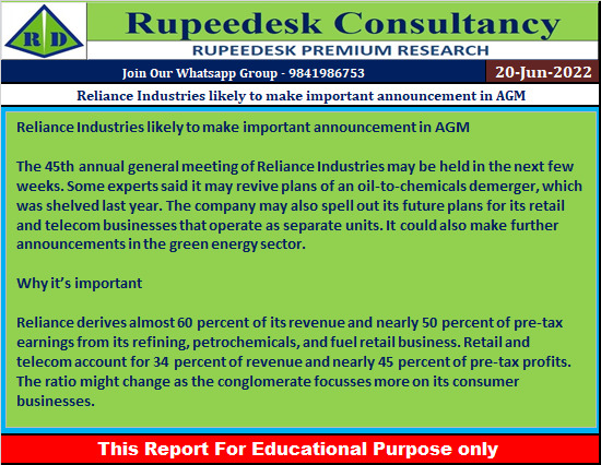 Reliance Industries likely to make important announcement in AGM - Rupeedesk Reports - 20.06.2022