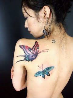 Buterfly 3D Tattoo Design In Back Girls