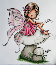 Pink CAS card featuring fairy on a mushroom (image from Sugar Nellie)