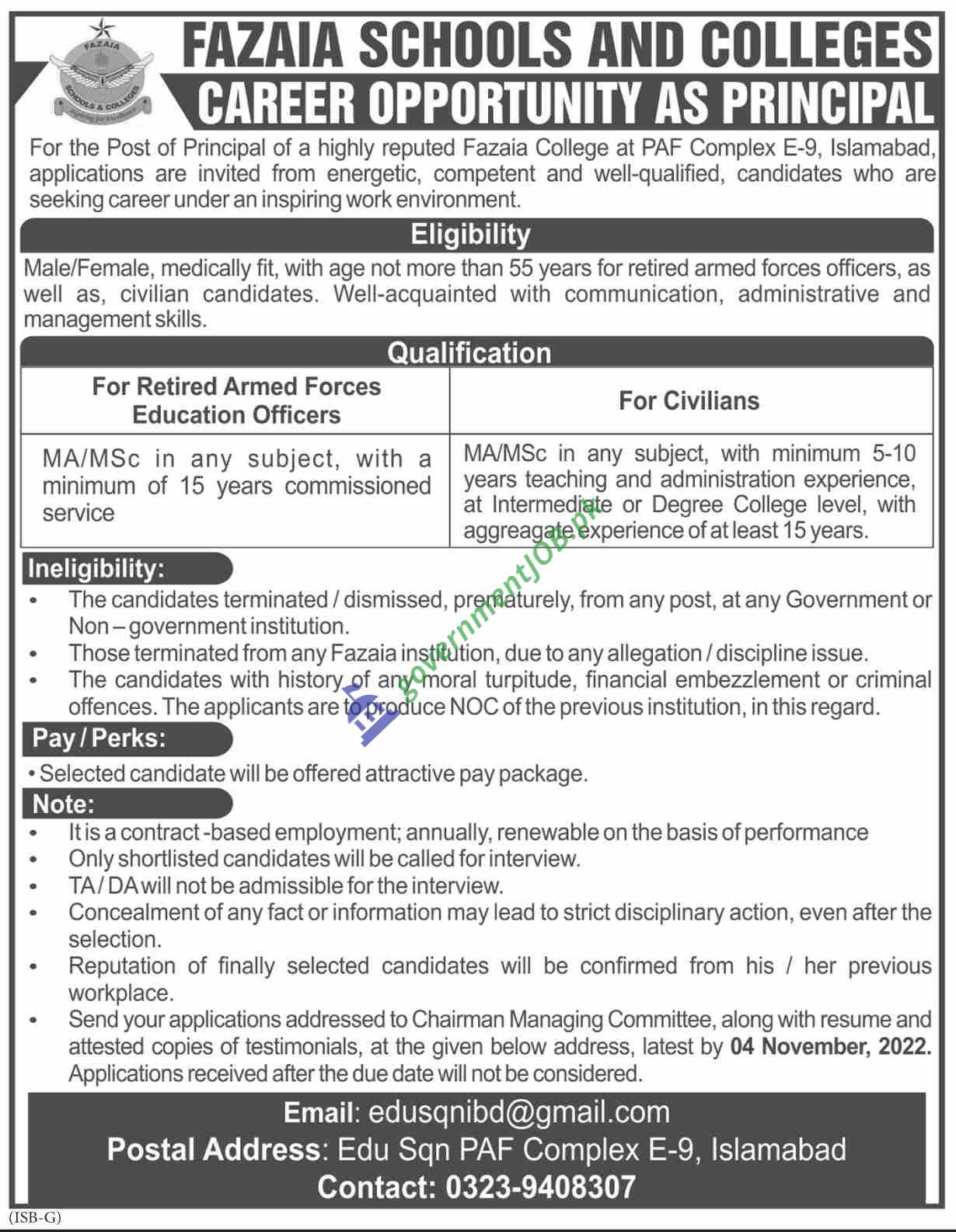 Fazaia Inter College Islamabad Jobs 2022 – Principal Recruitment
