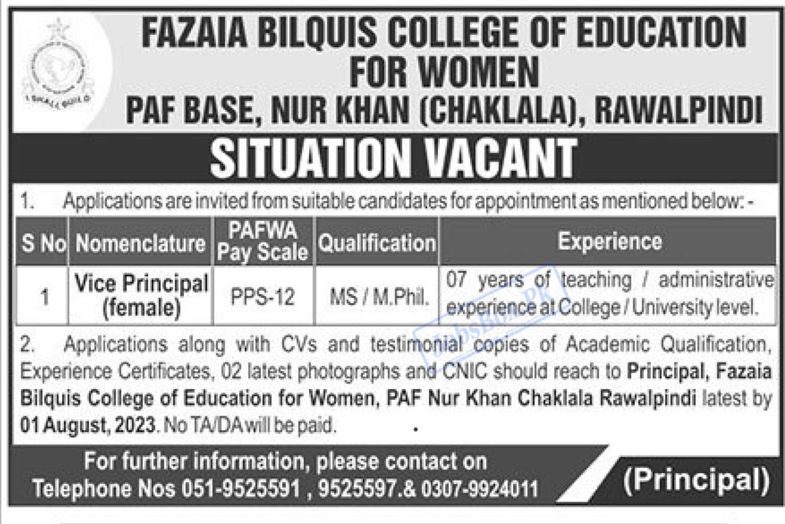 Jobs 2023 at Fazaia Bilquis College of Education for Women in Rawalpindi