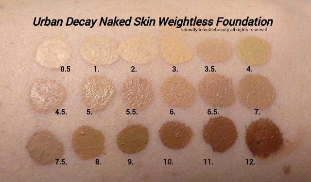 Urban Decay Naked Skin Ultra Definition Weightless Foundation; Review & Swatches of Shades: .5, 1, 2, 3, 3.5, 4, 4.5, 5, 5.5, 6, 6.5, 7, 7.5, 8, 9, 10, 11, 12