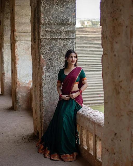 Ruhani Sharma Rings in the Festivities in Style with a Stunning Green and Maroon Half Saree