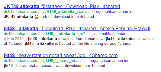 Contoh 4: Mencari video JKT48 - Aitakatta dengan fomat 3gp , pada 