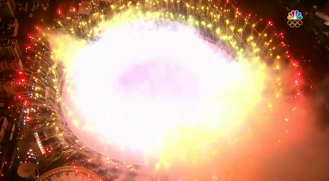 Explosion fireworks aerial view shot Rio 2016 Olympic Games Closing Ceremony party end