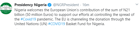 European Union donates €50 million (21 billion Naira) to Nigeria to fight Coronavirus
