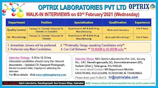 M.Sc Candidates Job Vacancy For Trainee/ Jr. Chemist / Chemist/ Sr.Chemist/ Jr. Executive in Optrix Laboratories Pvt Ltd Walk-in Interviews on 03rd February 2021